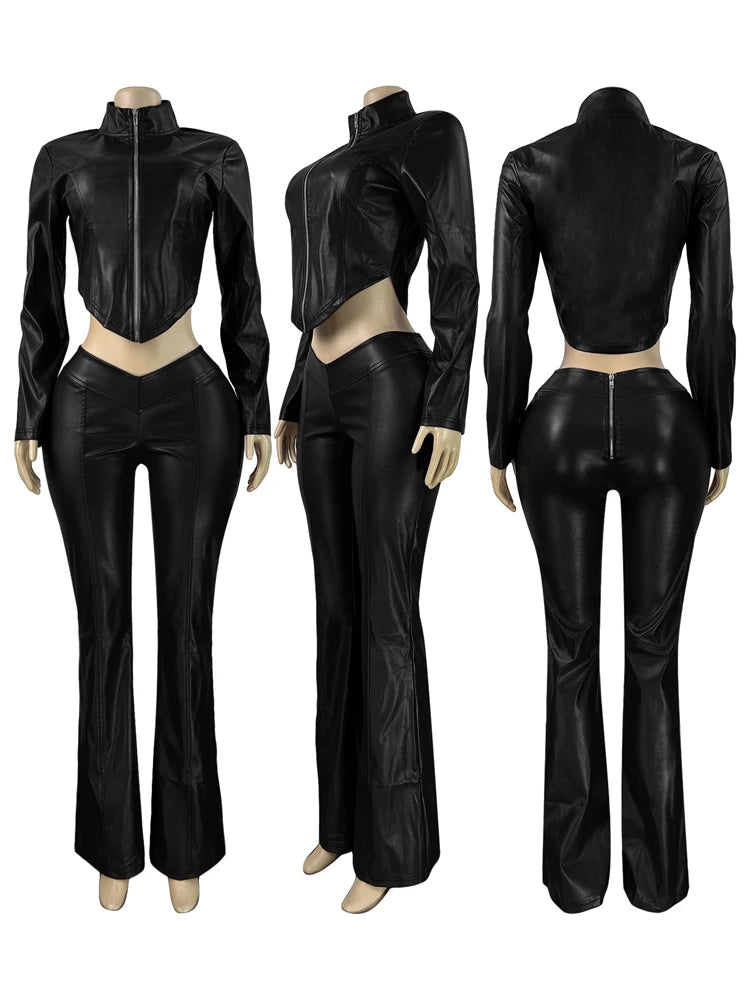 Faux Leather Pu Two 2 Piece Set for Women Fall Winter Fitness Outfits Long Sleeve Zipper Jacket and Pants Set Female Streetwear