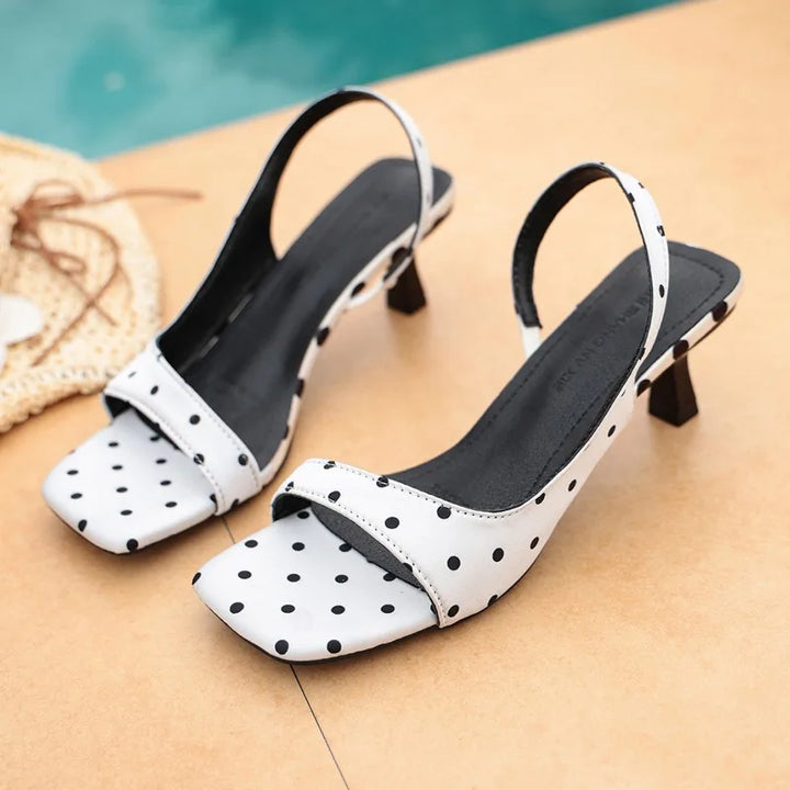 Elegant White Polka Dot Slingback Heeled Sandals for Women - Square Toe 4CM Kitten Heel Summer Party Shoes