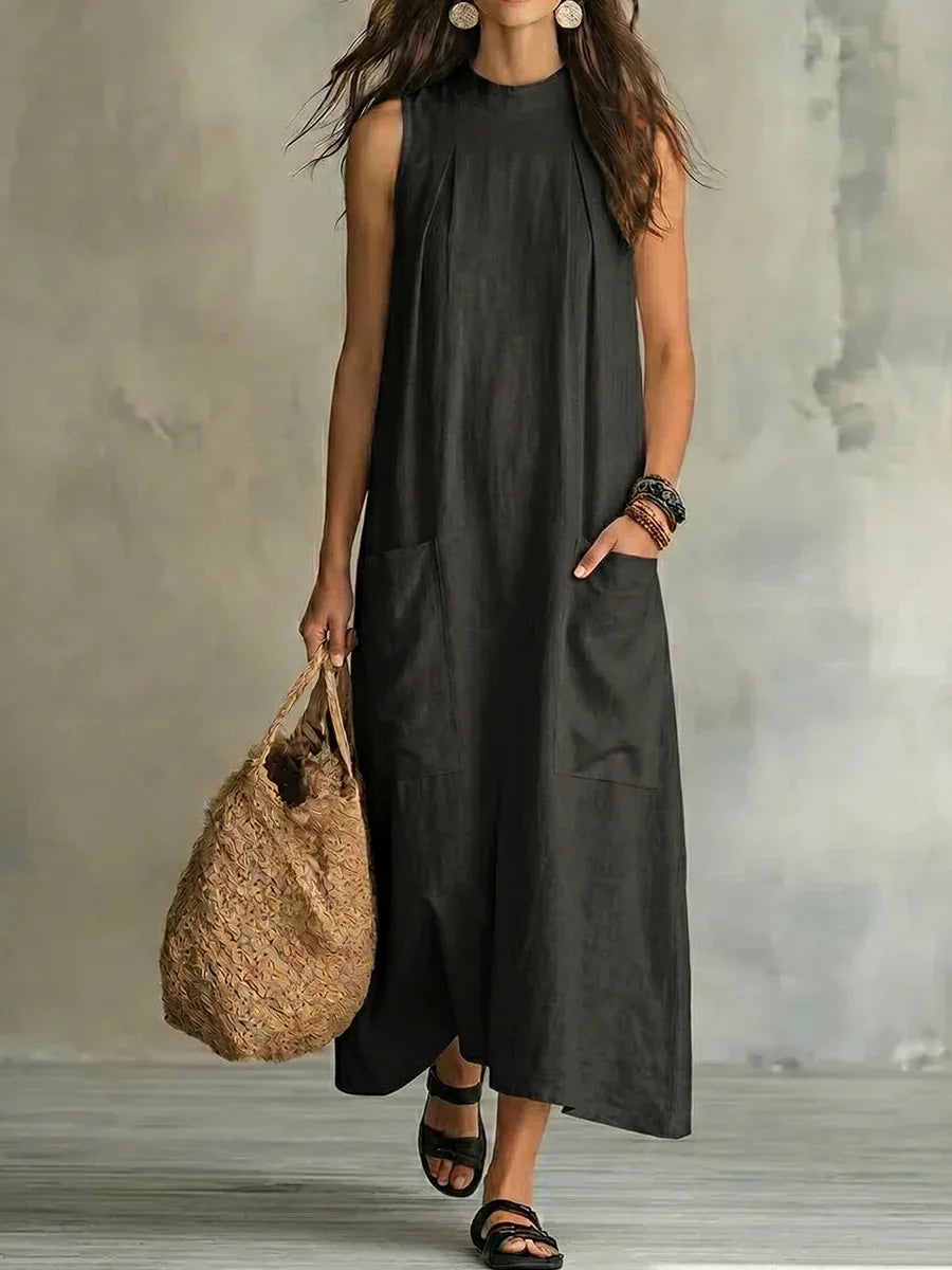 Boho Round Neck Cotton Linen Maxi Dress Women Sleeveless Loose Casual Dress with Side Pockets
