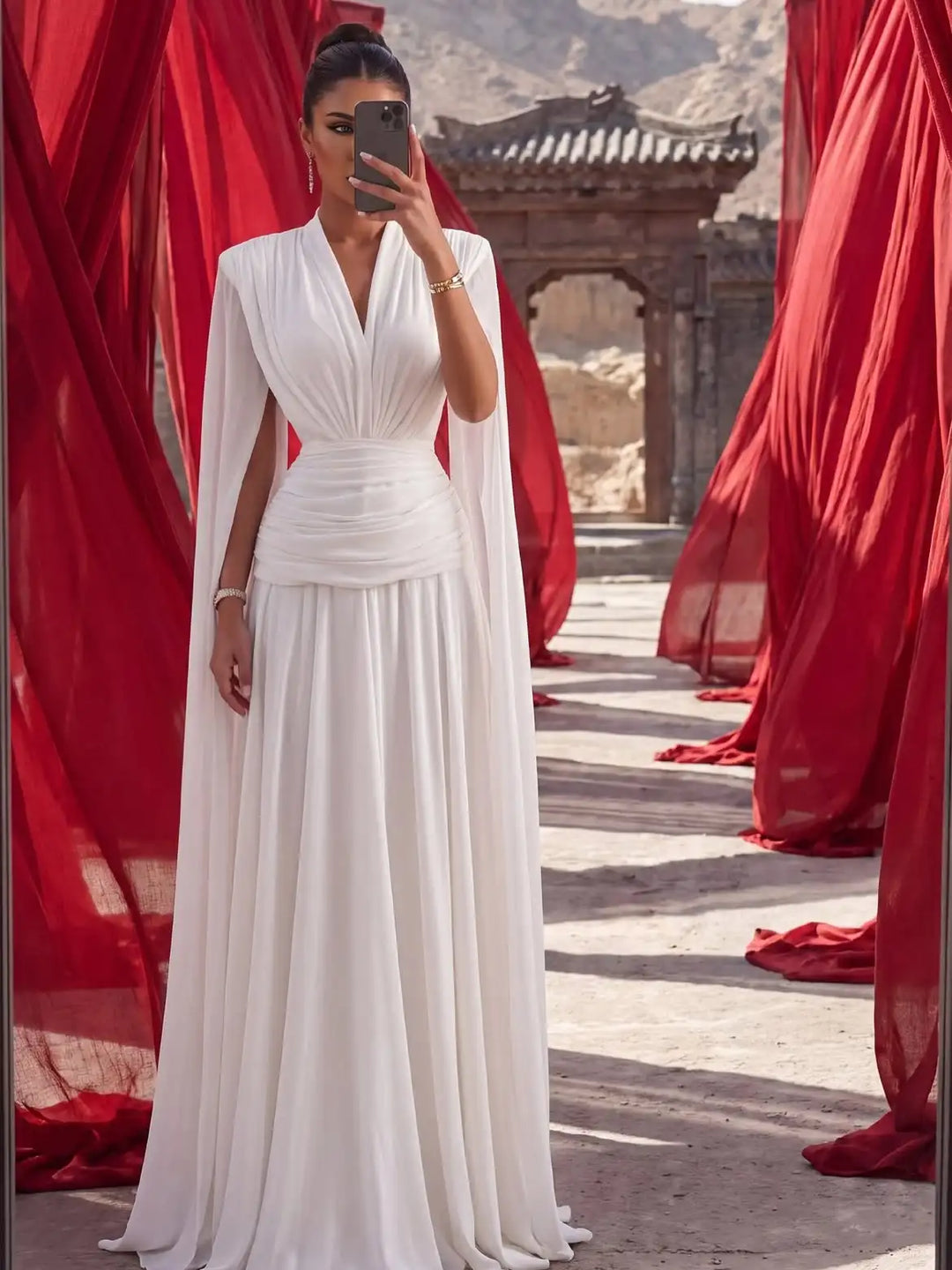 White Deep V‑Neck Cape Sleeve Chiffon Evening Gown Ruched Waist A‑Line Floor‑Length Formal Wedding Guest Maxi Dress