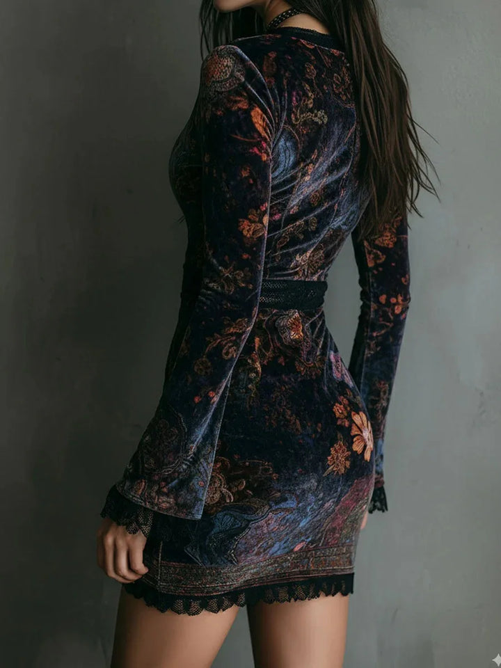 Velvet Bodycon Mini Dress V‑Neck Lace Trim Long Sleeve Vintage Floral Print Slim Fit Elegant Short Party Evening Club Dres