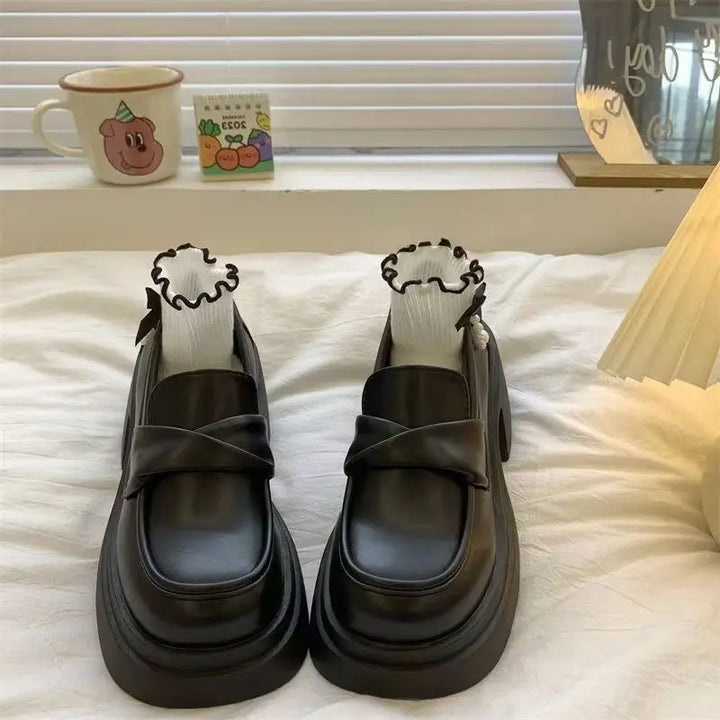 New High Platform Loafers Women Black Heeled Slip On Shoes Woman Faux Leather Heels Female Driving Loafers Chunk Block Heel Shoe