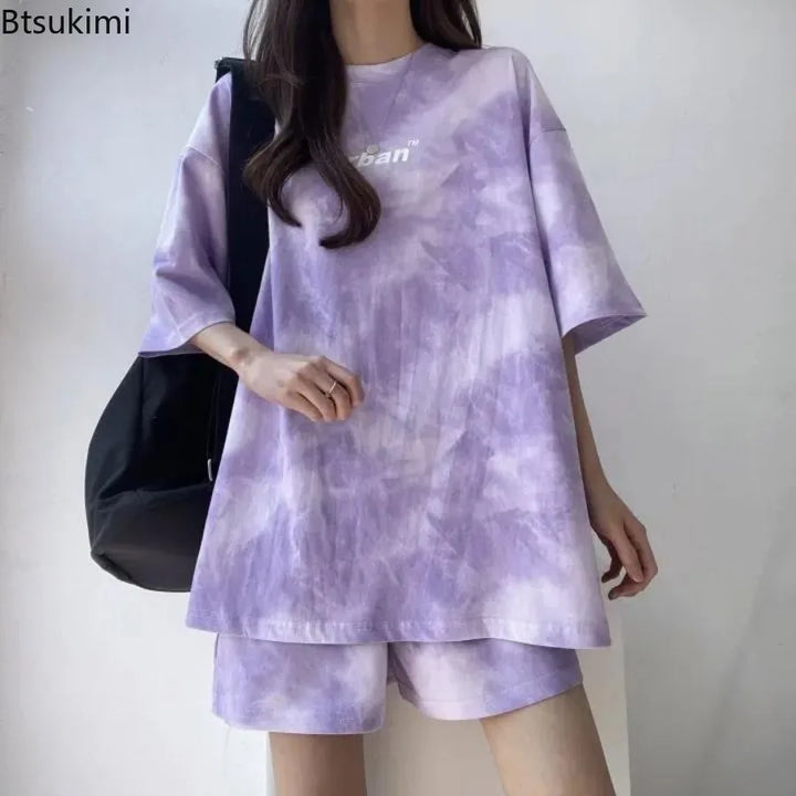 Women T-Shirt Shorts Suit Set Casual Tie Dye Loose Tshirt and Wide Leg Middle Shorts with Pockets Female Soft Summer Shorts Sets
