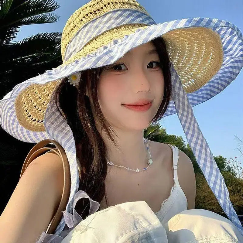 Wide-brimmed Straw Hat Women Beach Sun Hat Fashionable Sun Protection Floral Lace Bow Breathable Summer Hat for Vacation