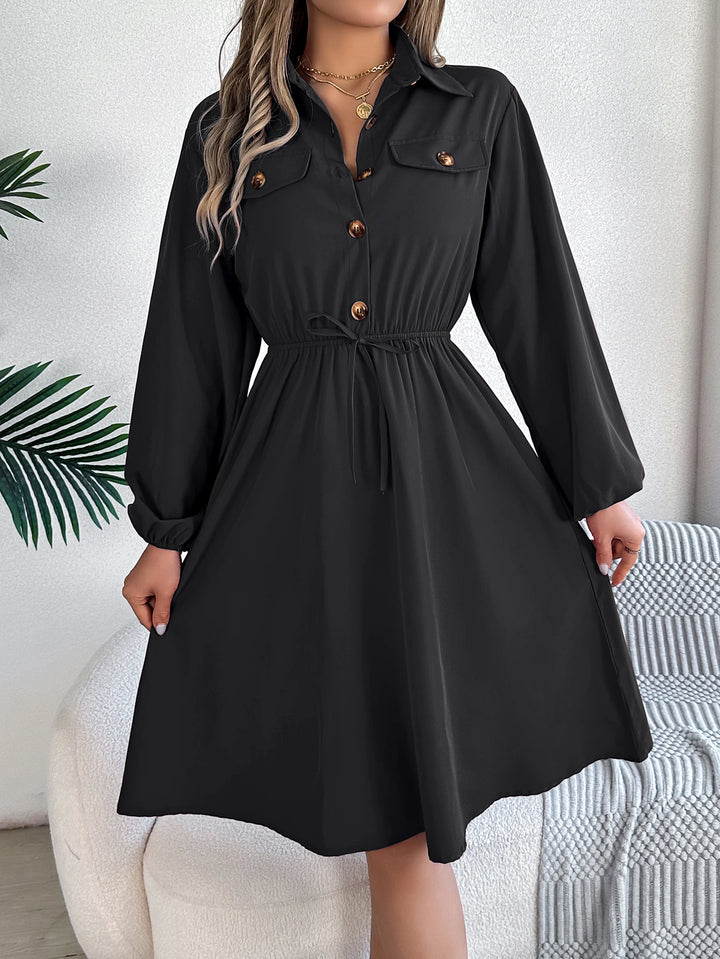 Autumn Winter Dresses for Women Casual Solid Color Button Tie Up Long Sleeved Shirt Dress Blue Green Black Red Woman Clothing