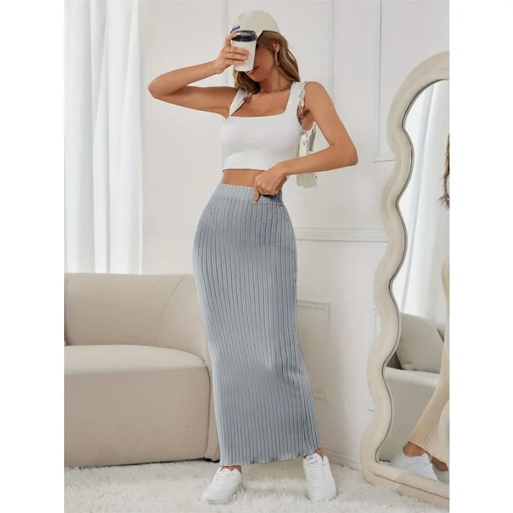 Women Elastic Waist Ribbed Midi Skirt Fashion Casual High Waist Bodycon Long Skirt