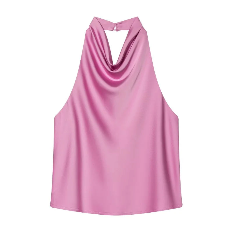 MUJER 2026 Halter Tops for Women Black Satin Backless Top Female Pink Summer Beach Top Woman off Shoulder Camisole Top Women