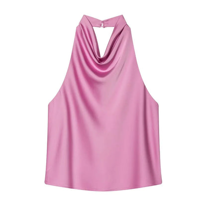 MUJER 2026 Halter Tops for Women Black Satin Backless Top Female Pink Summer Beach Top Woman off Shoulder Camisole Top Women