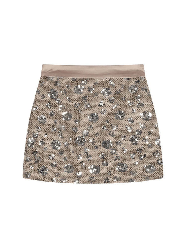 Sequined midi skirt for women in spring high waisted A-line skirt high-end design niche temperament hip hugging short skirt