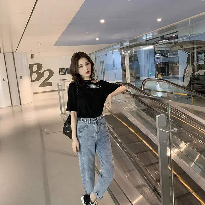 Off-the-shoulder T-shirt Women Short Sleeve 2025 Summer New Korean Version Loose Off-shoulder Short Sleeve Top