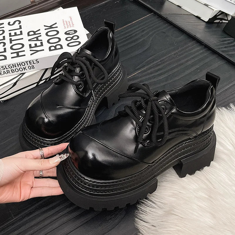 Women Retro Loafers 2025 Spring New Luxury Brand Increase Thick Sole Leather Oxford Shoes Lace Up Outdoor Work Platform Shoes