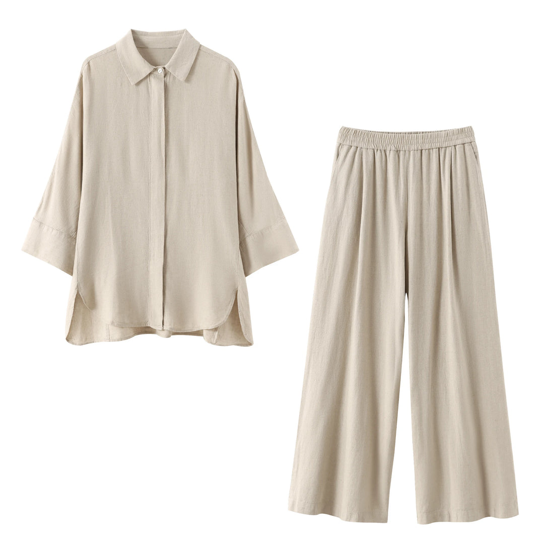 HH Women Casual Solid Blouse Pant Sets Loose Long Sleeve Lapel Shirts Elastic Waist Wide Leg Trousers Office Lady Suit
