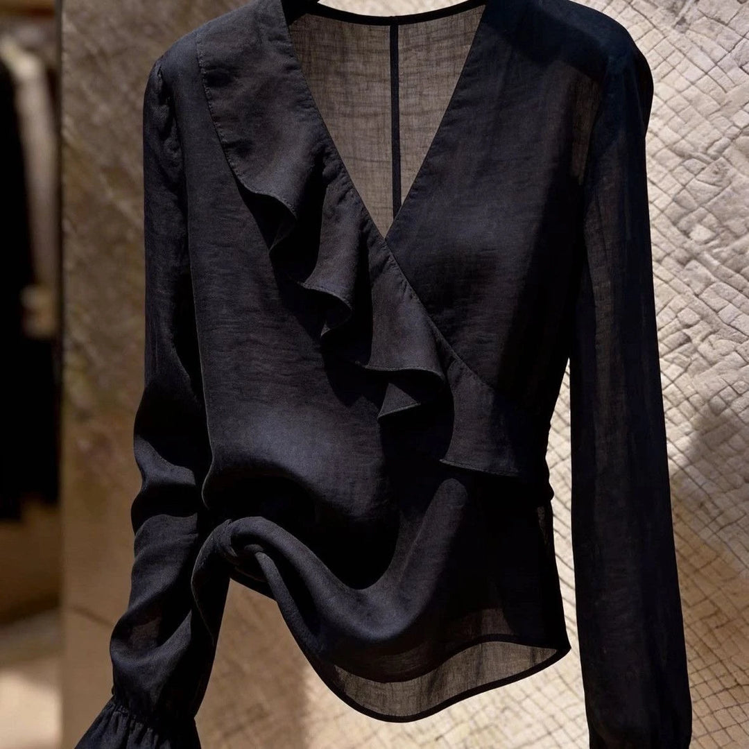 Elegant White V-Neck Shirt with Ruffle Sleeves Long Sleeve Versatile Slimming Women&