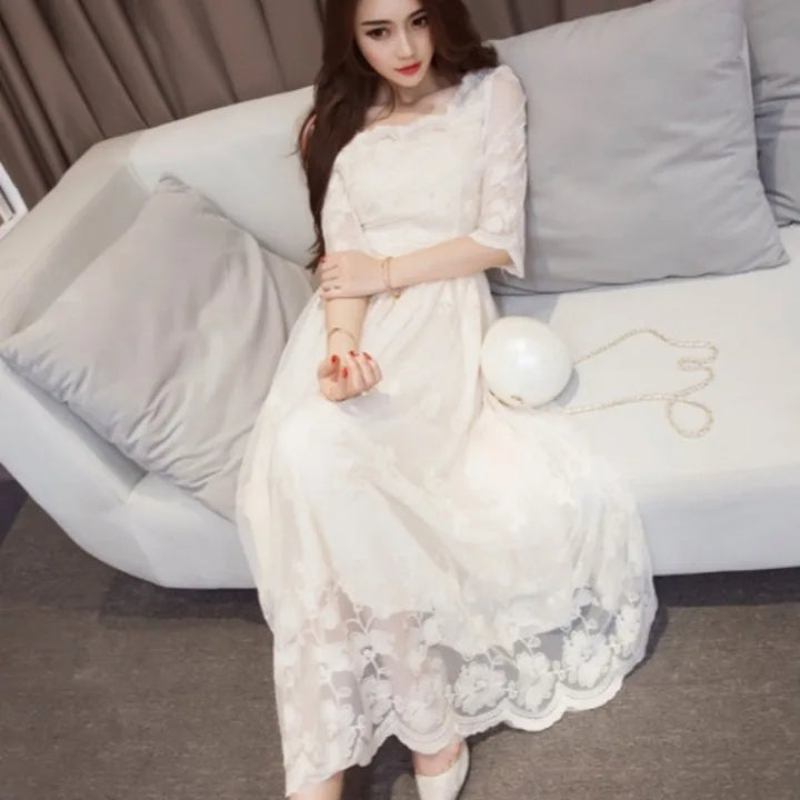 Female Dress Long White Embroidery Maxi Birthday Women&