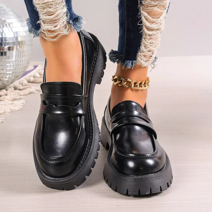 Casual Platform Loafers Woman 2025 British Style Black Brown PU Leather Shoes for Women Comfort Slip On Flats Plus Size