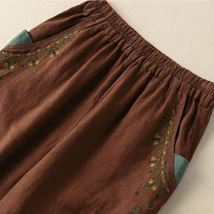 Embroidery Linen Solid Casual Elastic High Waist Loose Wide Leg Women&