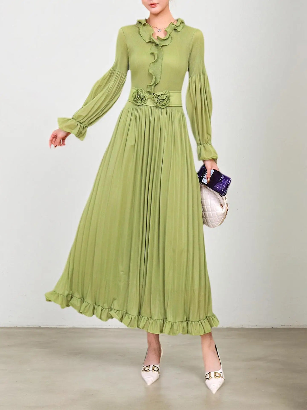 Elegant pleated fitted long dress for women with ruffled trim, luxurious evening gown, new style for Spring/Summer 2026.