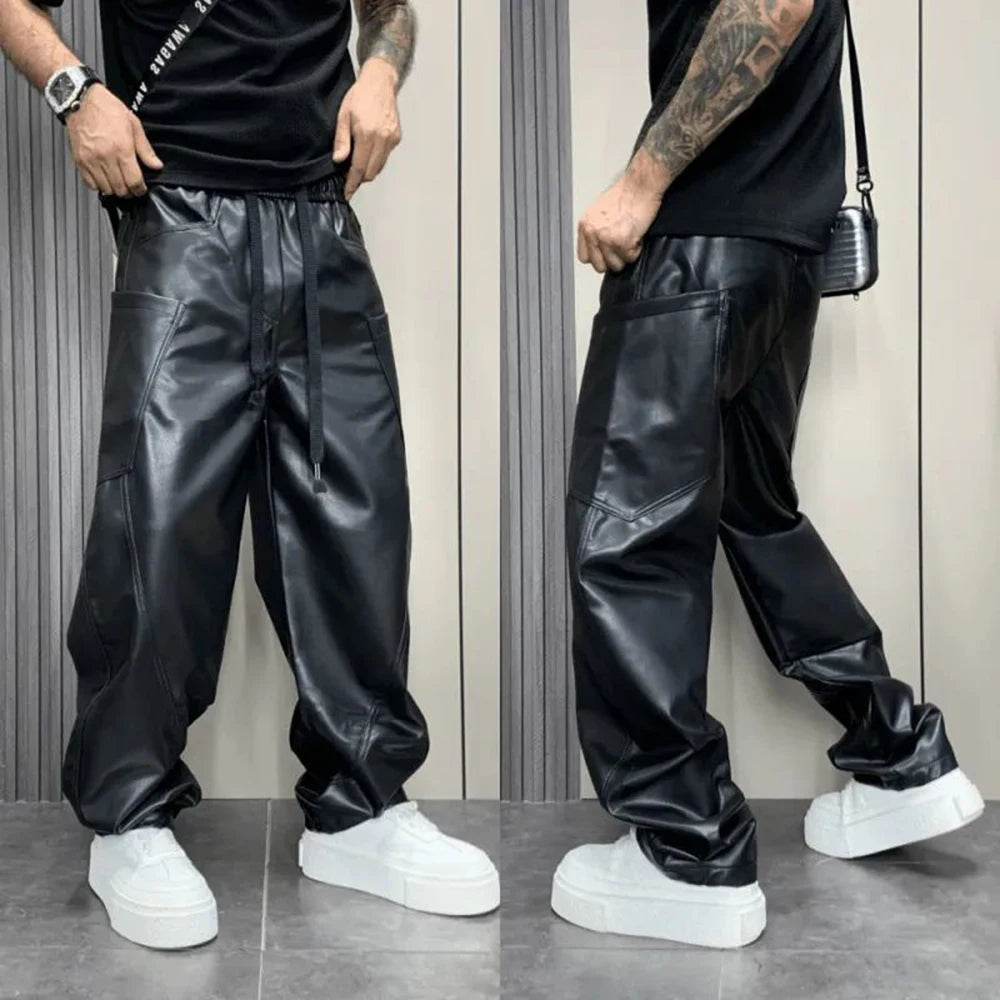 Mens Pu Leather Pants Multi-Pocket Pu Pants Streetwear American Hip-Hop All-Match Solid Color Simple Casual Pants Men&