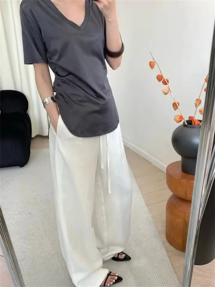 Fashion Casual Linen Wide-leg Pants Summer Loose Versatile Drawstring White Casual Straight Trousers Female