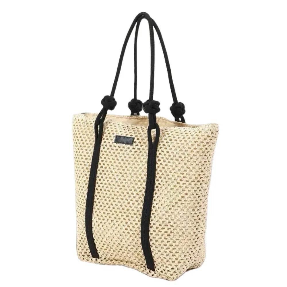 Handmade Straw Woven Bags Large Capacity Zipper Closure Beach Handbags Top-Handle Solid Color Women&