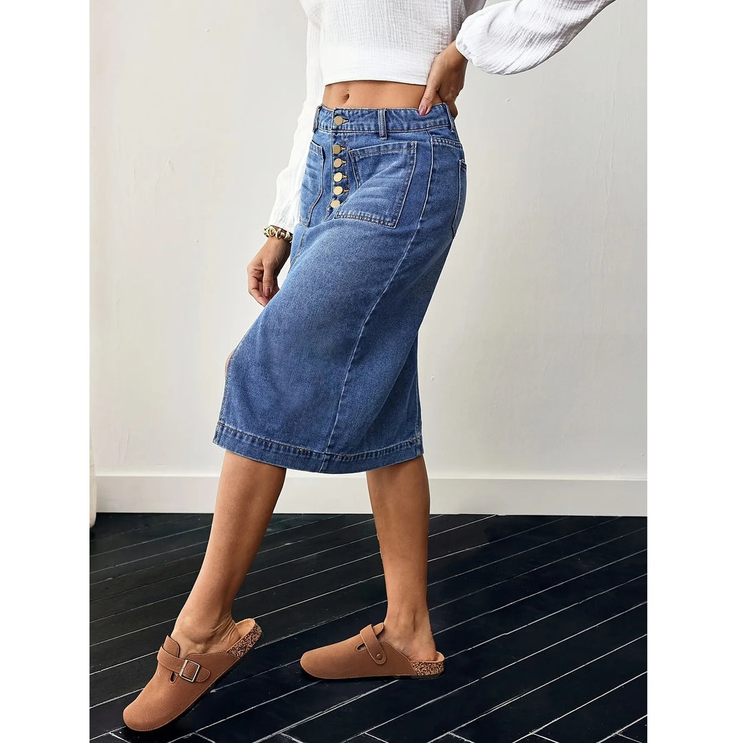 Fashion Multi-breasted Denim Skirt Front Split Fork Straight Denim Skirt Women