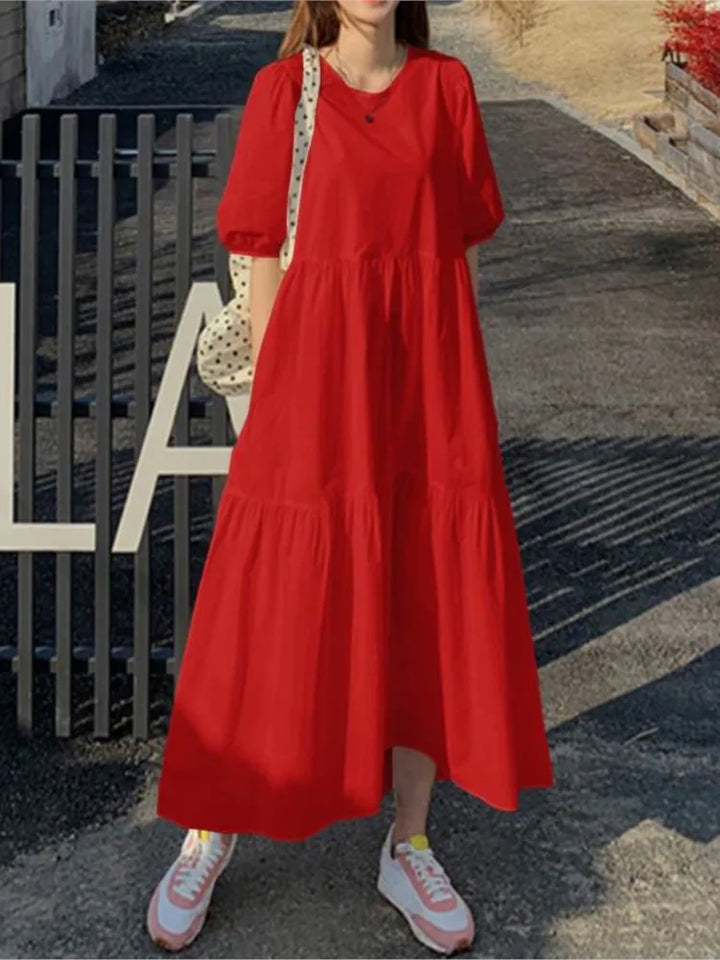 Elegant Red White Dress Women Sundress 2024 Summer Loose Casual Short Sleeve Maxi Vestidos Female O-neck Simples Robe Femme