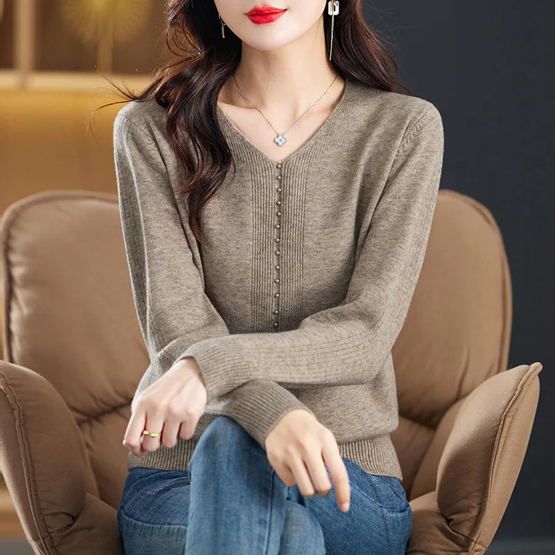 New V Neck Long Sleeve Top For Women Knitted Autumn Winter Sweater For Woman Elegant Style Knitwear Woolen Female Clothing