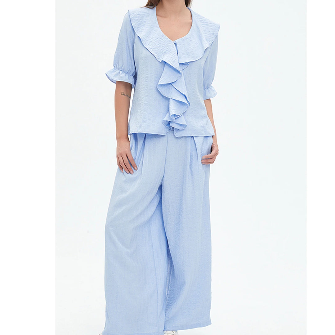 Women Linen Pajama 2 Piece Set Short Sleeve Front Ruffle Shirt PJs Pants Lounge Cute Sleepwear Casual Homewear Set