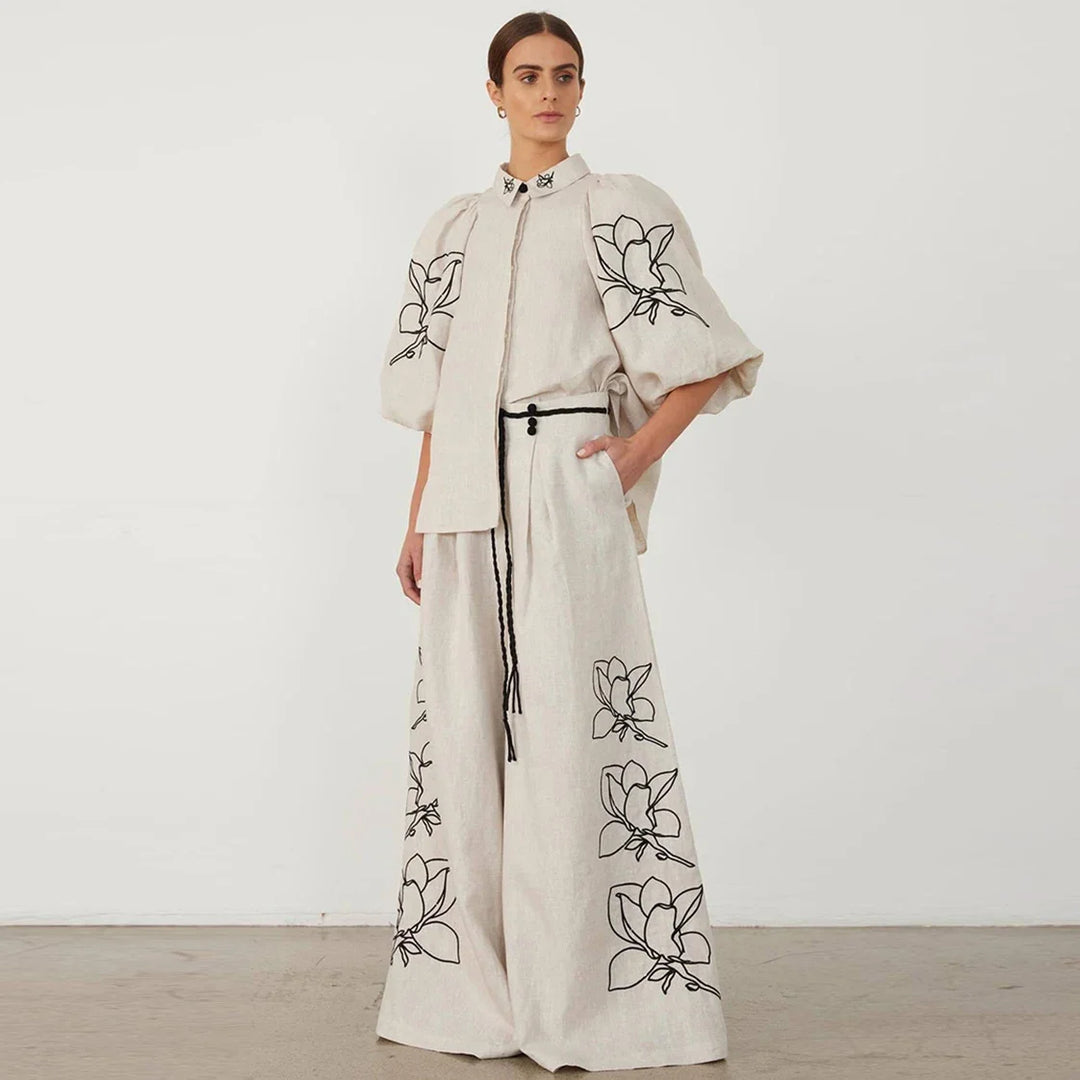 Cotton Linen Women Elegant Two Piece Set Loose Half Sleeve Embroidered Shirt &amp; Wide Leg Pants Set Casual Outfits Streetwear