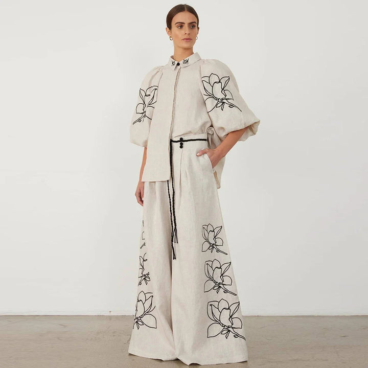Cotton Linen Women Elegant Two Piece Set Loose Half Sleeve Embroidered Shirt &amp; Wide Leg Pants Set Casual Outfits Streetwear