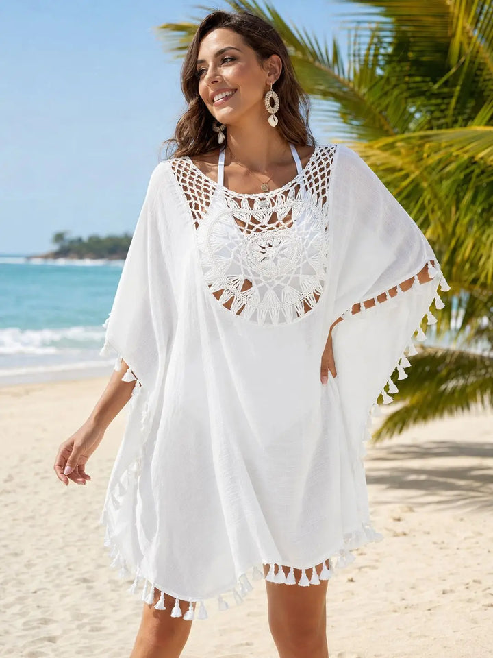 Women Crochet Tassel Beach Cover Up Hollow Out Batwing Sleeve Swim Cover Dress Boho Bikini Swimsuit Cover Up for Vacation