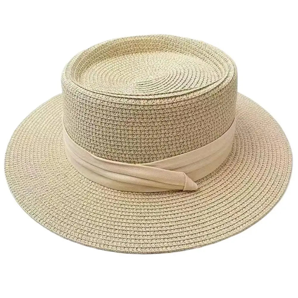 Boater Straw Hat wide brim French elegant square ribbon women&