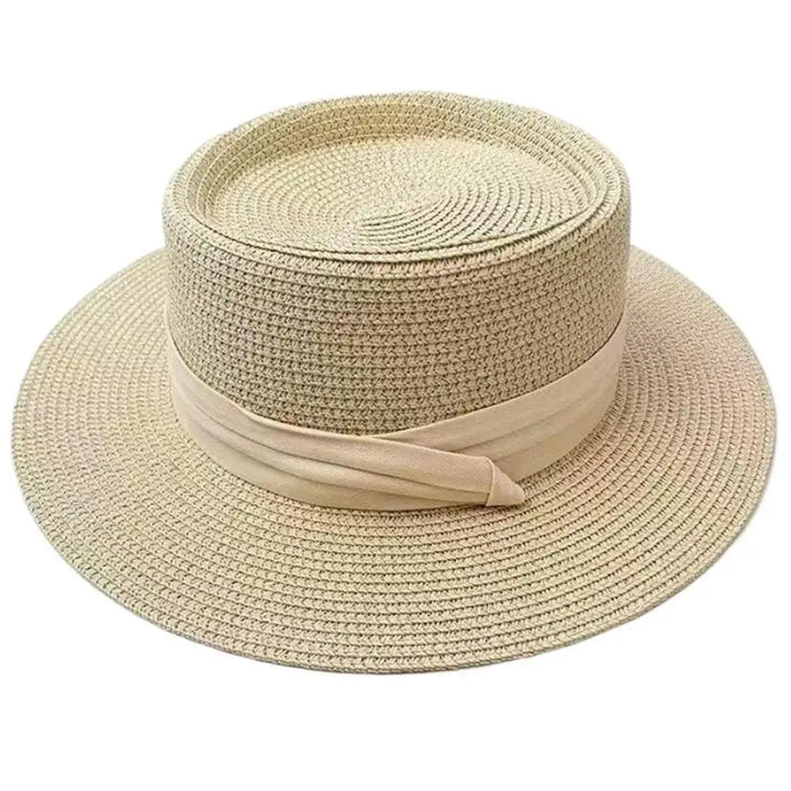 Boater Straw Hat wide brim French elegant square ribbon women&