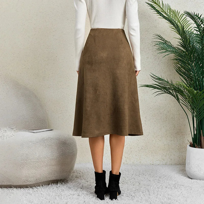 Elegant Faux Suede A Line Skirts Women Autumn Winter Zipper High Waisted Midi Skirt Woman Solid Color Patchwork Thick Skirts