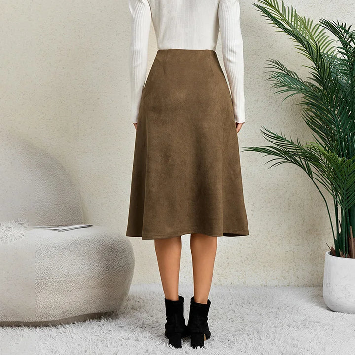 Elegant Faux Suede A Line Skirts Women Autumn Winter Zipper High Waisted Midi Skirt Woman Solid Color Patchwork Thick Skirts