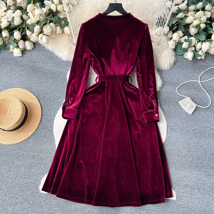 Autumn Vintage Solid Velvet Dress for Women Winter V-neck Long Sleeve Belts Slim A-line Midi Dress Robes Femme