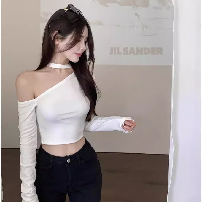 Off-shoulder Base Shirt T-shirt Autumn Sexy Long-sleeved Short Tights