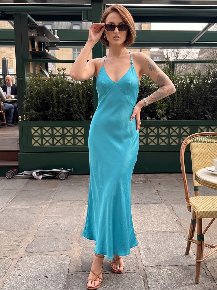HH Silky Satin Midi Slip Dress Women Summer Deep V Crisscross Back Beaded Spaghetti Strap Long Dress Beach Date Wear
