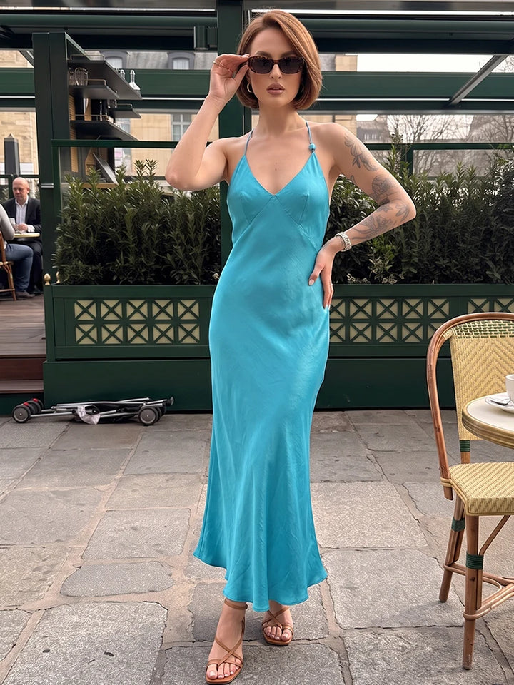 HH Silky Satin Midi Slip Dress Women Summer Deep V Crisscross Back Beaded Spaghetti Strap Long Dress Beach Date Wear