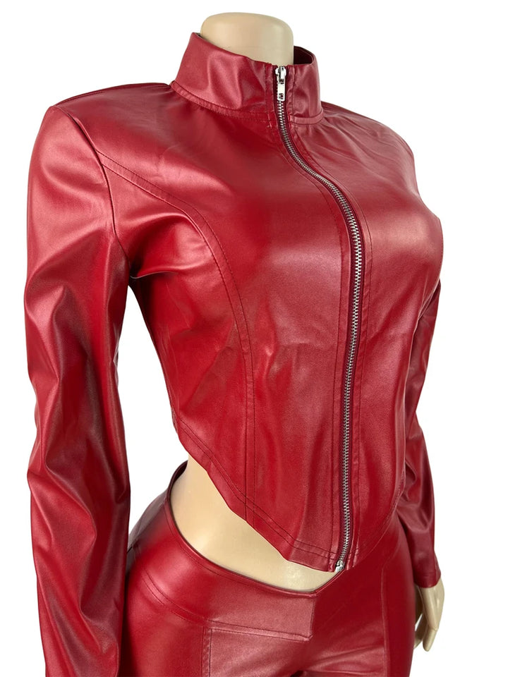 Faux Leather Pu Two 2 Piece Set for Women Fall Winter Fitness Outfits Long Sleeve Zipper Jacket and Pants Set Female Streetwear