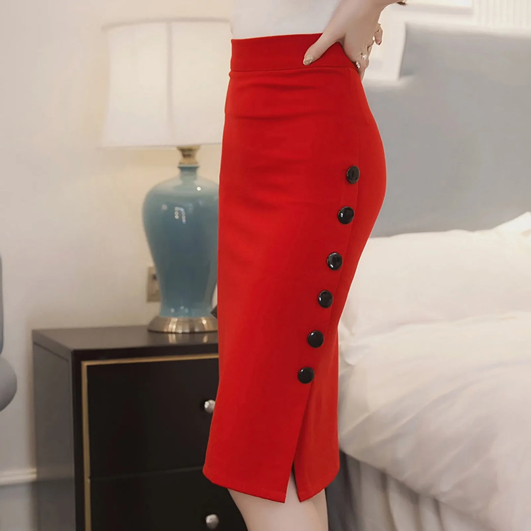 Elegant Women Vintage Office Skirt Lady Slim High Waist Buttons Slit Pencil Skirts Women Summer Sexy Stretch Midi Skirts