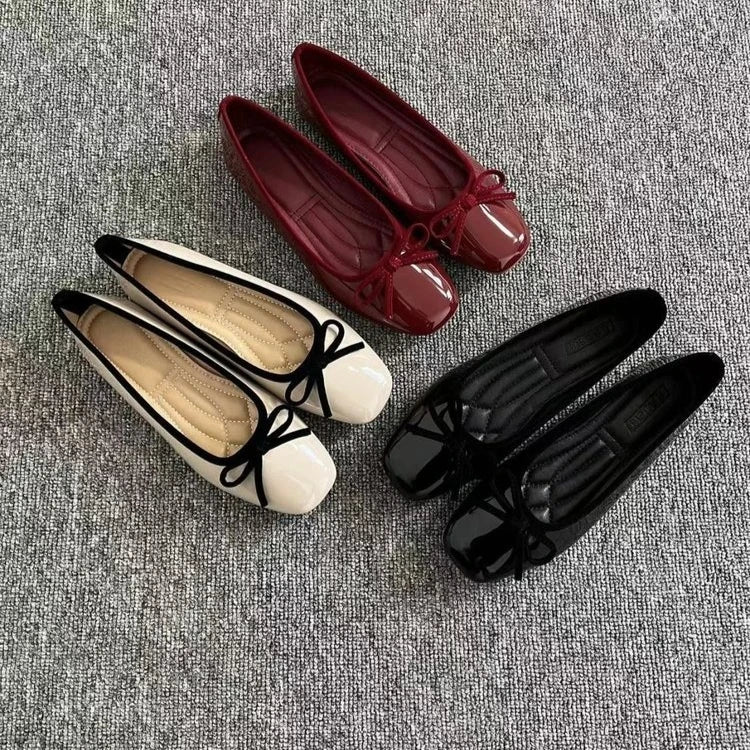 Women Ballet Flats Square Toe Bowknot Slip on Patent-Look Glossy Shoes Ladies Casual Office Everyday Walking Dress Footwear