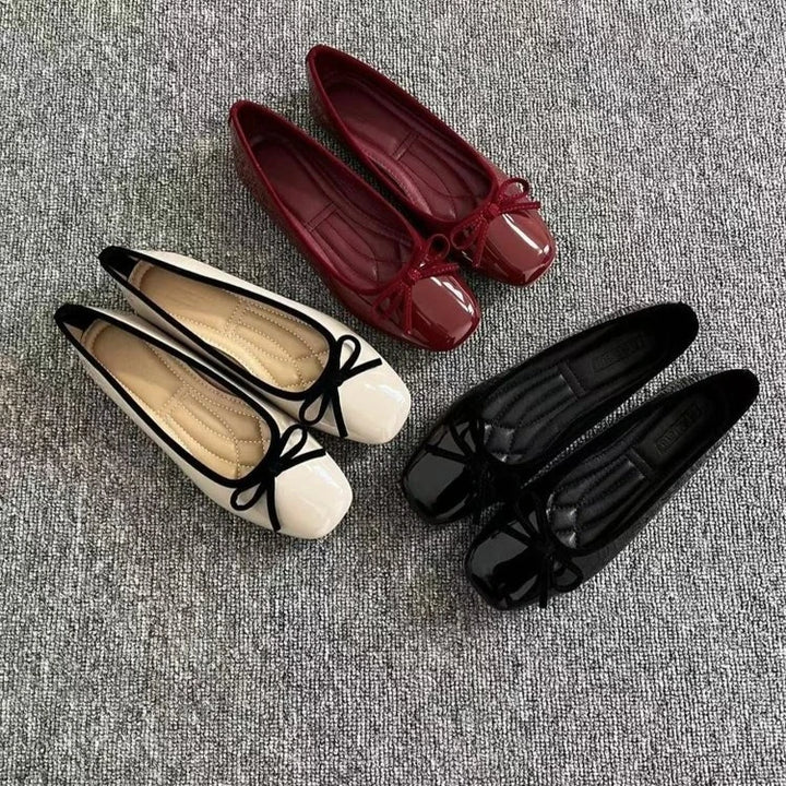 Women Ballet Flats Square Toe Bowknot Slip on Patent-Look Glossy Shoes Ladies Casual Office Everyday Walking Dress Footwear