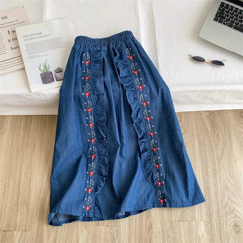 Women Denim Midi Skirt Vintage Floral Embroidery Ruffled Split A‑Line Skirt Elastic High Waist Casual Boho Long Jean Skirt