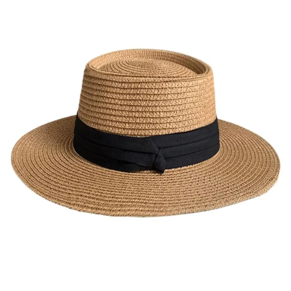 Boater Straw Hat wide brim French elegant square ribbon women&