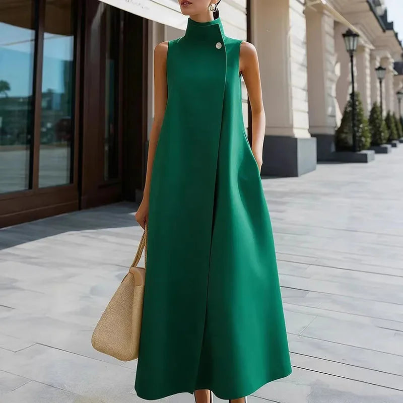 Simple Fashion Single Button High Neck Maxi Dress Women Spring Solid Pocket A-Line Long Dress Summer Sleeveless Bohemian Dresses