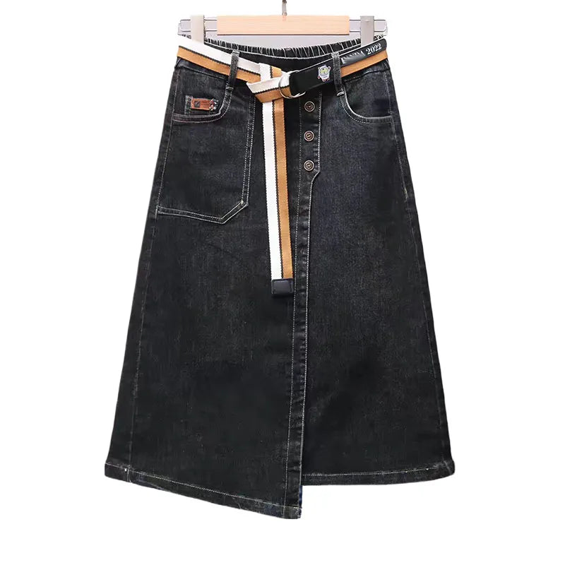 Fashion Asymmetrical Denim Midi Skirt With Belt Women Summer Vintage Jeans Pencil Skirt Elastic Back High Waist Women Midi Skirt