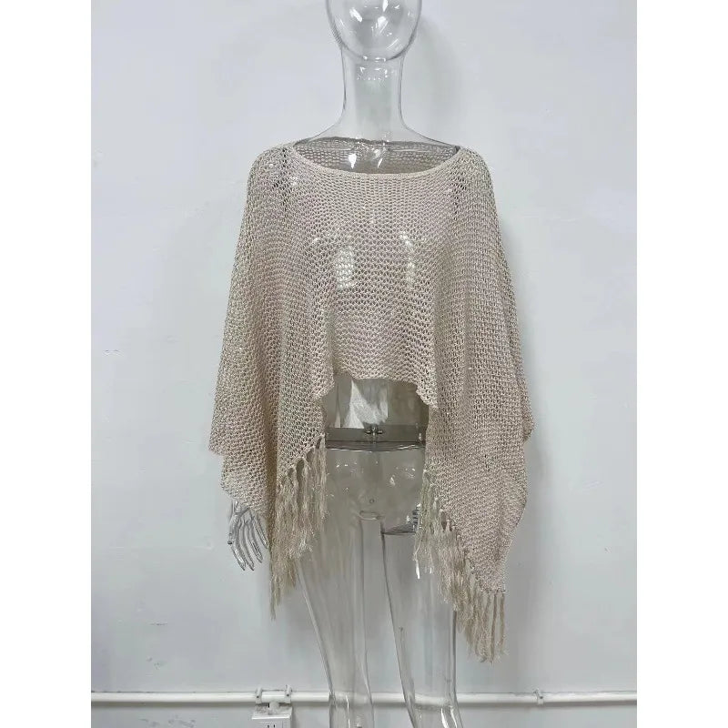 Women Summer Crochet Knit Mesh Cover Up Sexy Tassel Knit Poncho Sheer Beach Sun Protection Off Shoulder Irregular Shawl Top