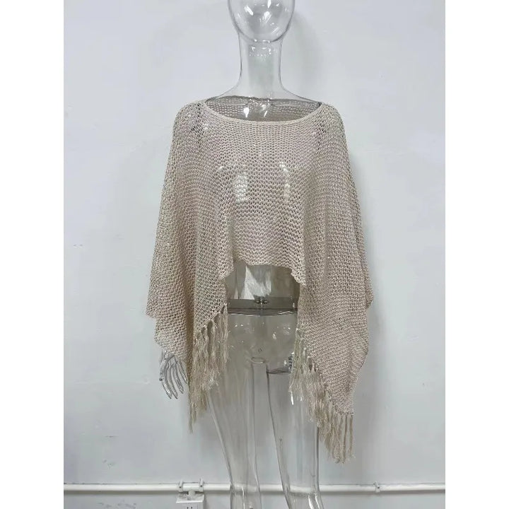 Women Summer Crochet Knit Mesh Cover Up Sexy Tassel Knit Poncho Sheer Beach Sun Protection Off Shoulder Irregular Shawl Top