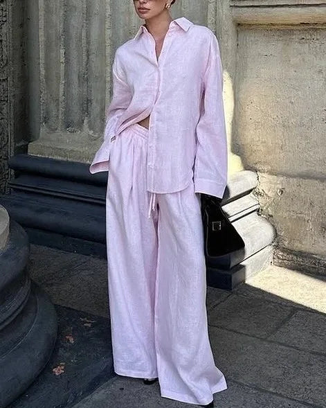 Women Pink Linen Two Piece Set Oversized Long Sleeve Shirt Elastic Waist Wide Leg Pants Casual Outfit